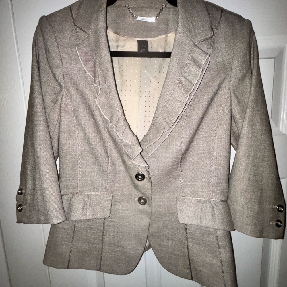 White House Black Market Beige Blazer with Ruffle Trim